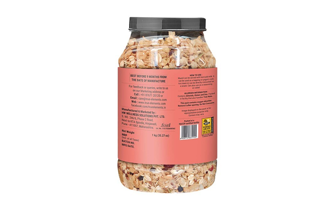 True Elements Muesli Crunchy Nuts & Berries with Almonds & Cranberries   Plastic Jar  1 kilogram